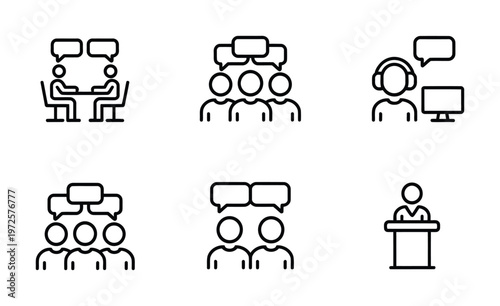 Set of six vector icons depicting people communicating and interacting with each other in various ways digitally.