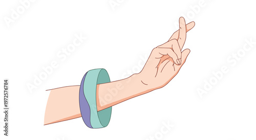Hand with fingers crossed for good luck wearing a thick light blue and purple bracelet on a white background for hope.