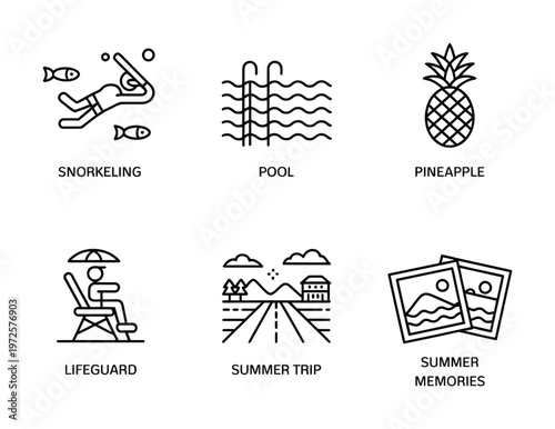 Vector of various summer icons including snorkeling pool pineapple lifeguard summer trip and memories in a graphic design