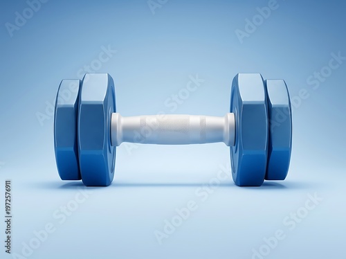 Blue dumbbell with white handle on gradient blue background for fitness and exercise concepts  health and workout equipment