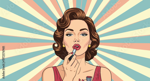 Glamorous woman applying red lipstick with a sunburst striped background in a vibrant pop art comic style.