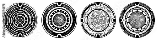 Set of hand drawn circular manhole covers and textured lids in vintage engraving style