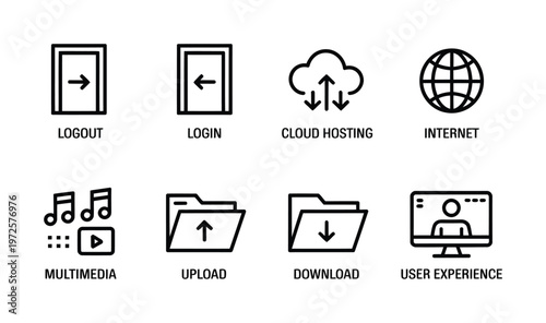 Vector graphic illustration of various internet and computer related icons and symbols in a single image