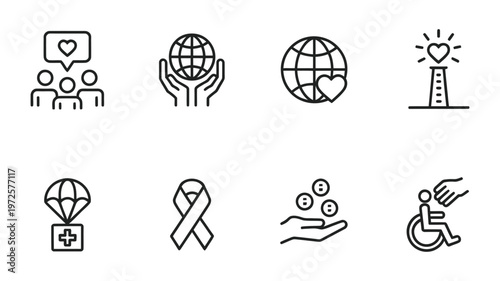 Vector set of eight icons representing various charitable and humanitarian concepts in a simple line style design