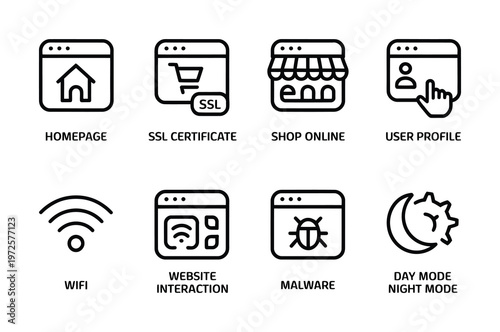 Vector graphic illustration of eight icons representing various website and internet concepts in a simple design