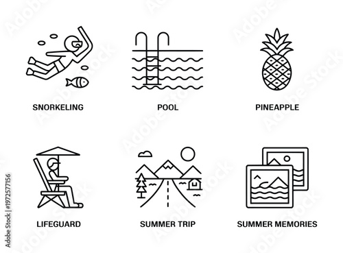 Vector of various summer related icons including snorkeling pool pineapple lifeguard summer trip and memories