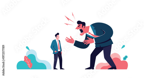 Large angry businessman in a suit shouting at a tiny employee representing workplace stress and unfair power dynamics in an office setting.