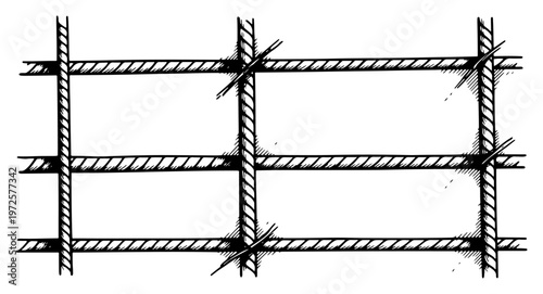 Hand drawn vintage engraving style metal rebar grid or construction wire mesh illustration