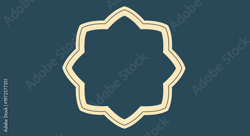 Simple geometric eight pointed star frame in a cream color against a dark navy blue background for label or announcement.