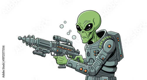 Menacing green alien warrior wearing futuristic space armor and holding a high-tech laser rifle with bubbles floating in the background.
