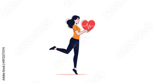 Happy young woman in a t-shirt and leggings running while holding a red heart with an electrocardiogram pulse line.