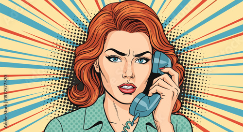 Fierce woman with red hair looking angry and frustrated while talking on a blue vintage telephone handset over a burst background.