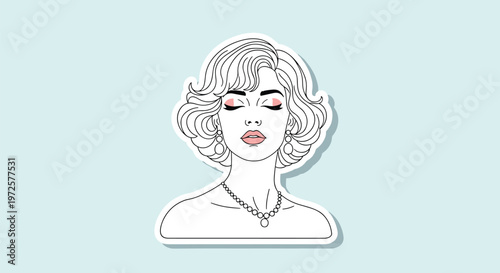 Minimalist line art sticker of a sophisticated woman with closed eyes wearing a pearl necklace and earrings on a pale blue background.