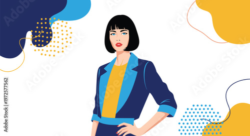 Chic woman with black bob hair and red lipstick wearing a blue jacket over a yellow shirt with abstract shapes in the background.