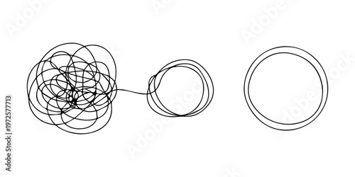 Chaos and mess circle continuous line drawn Psychotherapy linear concept vector problem solution symbol, Mindfulness Idea Concept Doodle. Hand Drawn Symbol Vector, Chaotically tangled line and untied.