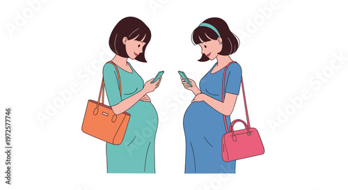 Two pregnant women standing back to back looking at their smartphones while holding handbags in shades of blue and green.