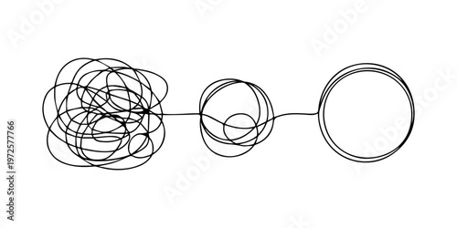 Chaos and mess circle continuous line drawn Psychotherapy linear concept vector problem solution symbol, Mindfulness Idea Concept Doodle. Hand Drawn Symbol Vector, Chaotically tangled line and untied.