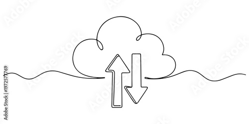 One continuous single line of cloud. Cloud network, data storage and backup background, Auto backup cloud with upload and download arrow icon continuous one line drawing on white background minimalist