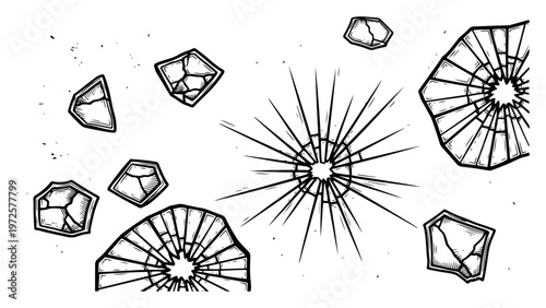 Hand drawn vintage engraving style illustration of shattered glass fragments and cracks