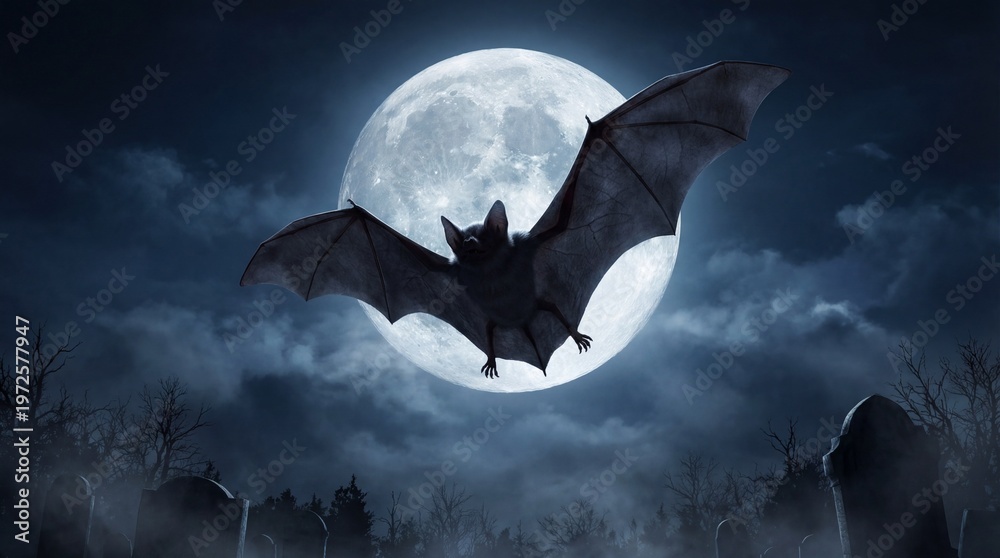 Fototapeta premium Vampire bat flying against full moon in spooky night sky