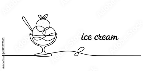 Continuous one line art vector illustration of a refreshing bowl of ice cream with a spoon, elegant and clean design, One continuous line drawing of ice cream in a bowl. Ice cream in plate freehand.