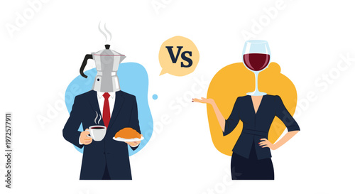 Creative comparison of coffee and wine lifestyles featuring characters with a moka pot and a wine glass for heads in a flat style.