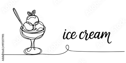 Continuous one line art vector illustration of a refreshing bowl of ice cream with a spoon, elegant and clean design, One continuous line drawing of ice cream in a bowl. Ice cream in plate freehand.