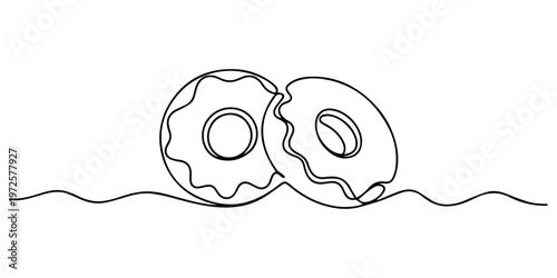 Continuous one line drawing of two delicious donuts with topping isolated on white background, Single one line drawing fresh donuts. World food day concept. Continuous line draw design graphic vector.