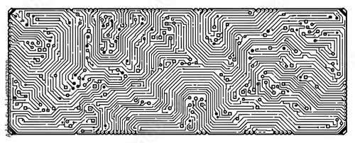Intricate digital circuit board pattern with dense electronic pathways in rectangular frame