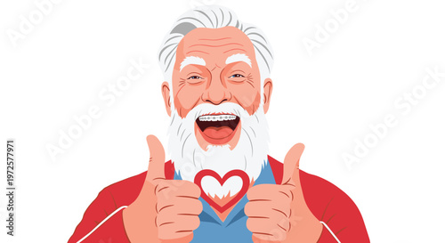 Joyful elderly man with a white beard and braces smiling widely while showing two thumbs up and a small red heart symbol.