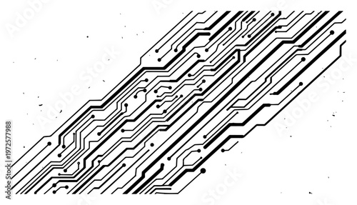 Abstract diagonal circuit board lines and electronic network connections on white background