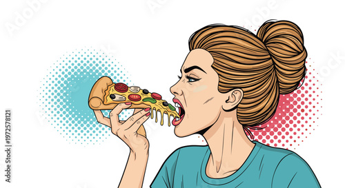 Beautiful young woman with blonde hair in a bun biting into a cheesy slice of pizza with various toppings on a dotted background.