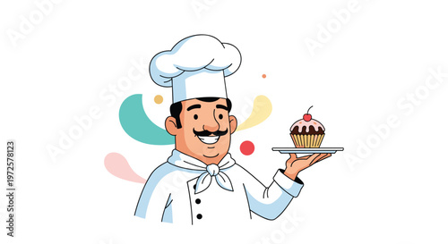 Happy mustachioed chef wearing a white toque and uniform holding a delicious cupcake with a cherry on a silver plate.