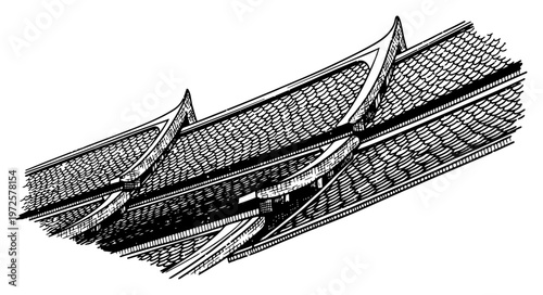 Hand drawn vintage engraving illustration of a traditional tiled roof with decorative architecture elements