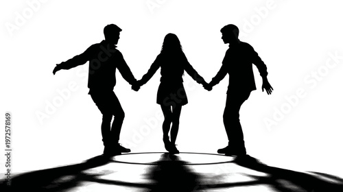 Black Silhouette of Three People Joining Hands in a Circle Representing Unity and Teamwork