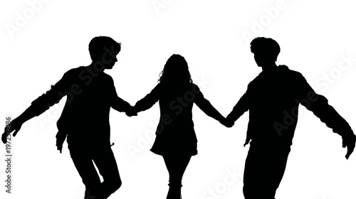 Black Silhouette of Three People Joining Hands in a Circle Representing Unity and Teamwork