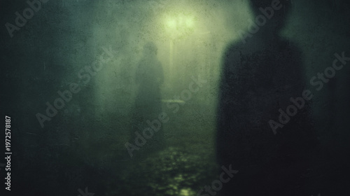 A horror concept. Of a blurred abstract, sinister, spooky figures, in a room With a grunge textured edit