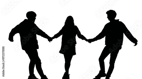 Black Silhouette of Three People Joining Hands in a Circle Representing Unity and Teamwork