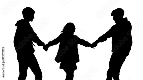 Black Silhouette of Three People Joining Hands in a Circle Representing Unity and Teamwork