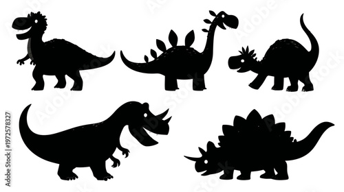 Cartoon-Style Dinosaur Silhouette Pack for Kids Featuring 5 Friendly Prehistoric Creatures