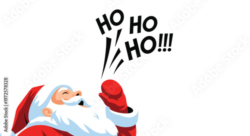 Close up profile of Santa Claus laughing heartily with his head tilted back and a speech bubble saying ho ho ho.