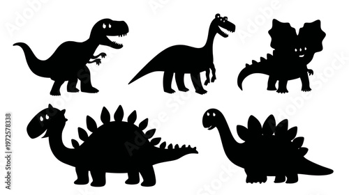 Cartoon-Style Dinosaur Silhouette Pack for Kids Featuring 5 Friendly Prehistoric Creatures