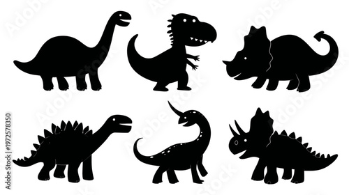 Cartoon-Style Dinosaur Silhouette Pack for Kids Featuring 5 Friendly Prehistoric Creatures