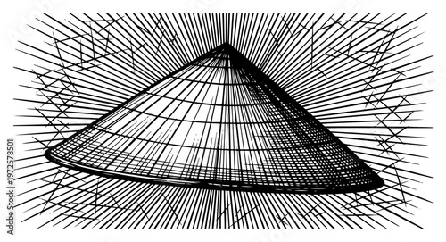 Vintage engraving style illustration of a traditional conical Asian hat with radiating background lines