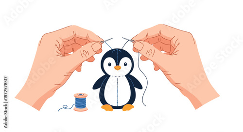 Hands of a crafter sewing a handmade plush penguin toy with a needle and thread for creative DIY hobby and handicraft concepts.