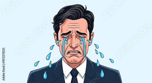 Portrait of a sad businessman in a suit and tie with tears streaming down his face against a pale blue background.