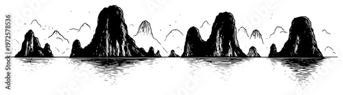 Foto Hand drawn vintage engraving illustration of karst limestone mountains reflected