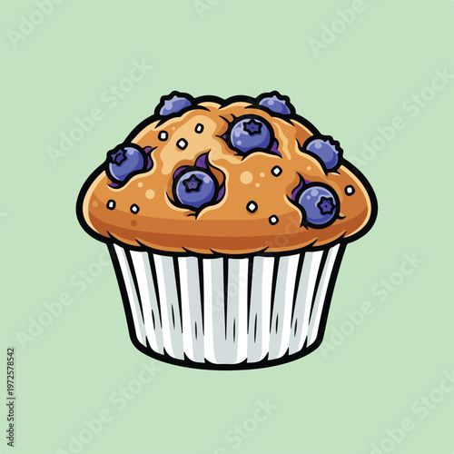 This vector illustration features a delicious golden-brown blueberry muffin topped with fresh berries, presented in a white pleated paper liner.