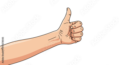 Human hand giving a thumbs up gesture with a positive expression of approval and success on a white background.
