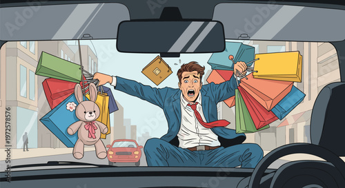 Surprised businessman holding many colorful shopping bags and a plush teddy bear while sitting on a car hood during a busy city day.